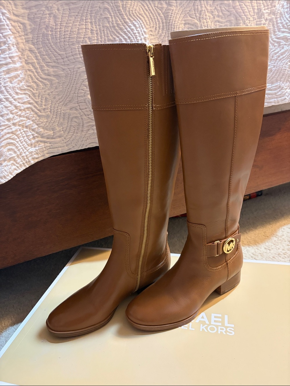 MICHAEL Michael Kors Tall tan Leather Riding Boots with Gold MK Accent